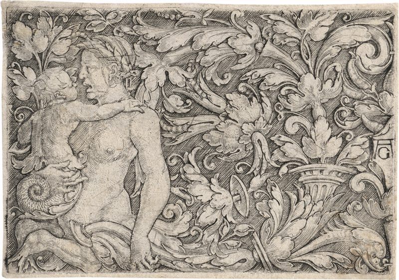 Lot 5163, Auction 127, Aldegrever, Heinrich, Ornamentaler Entwurf mit Tritonin und Kind