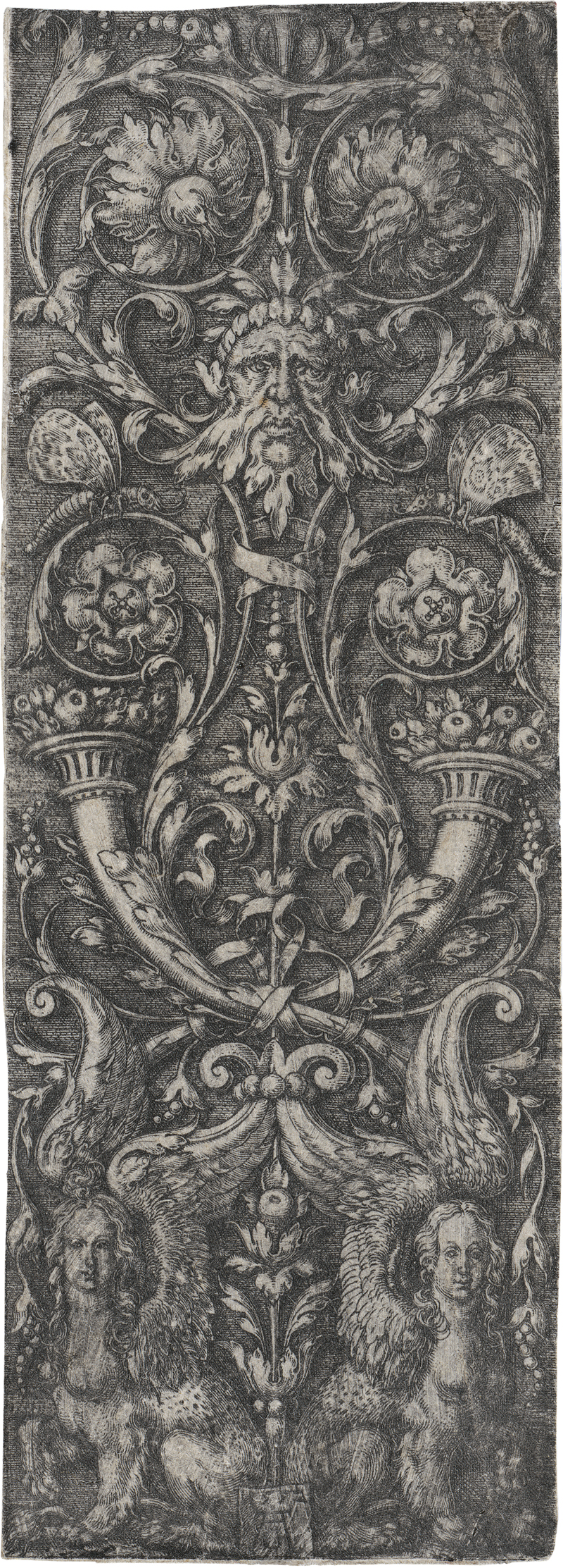 Lot 5165, Auction 127, Aldegrever, Heinrich, Ornamentaler Entwurf mit Makse, zwei Cornucopiae mit Frücjten ud zwei Sphinxen