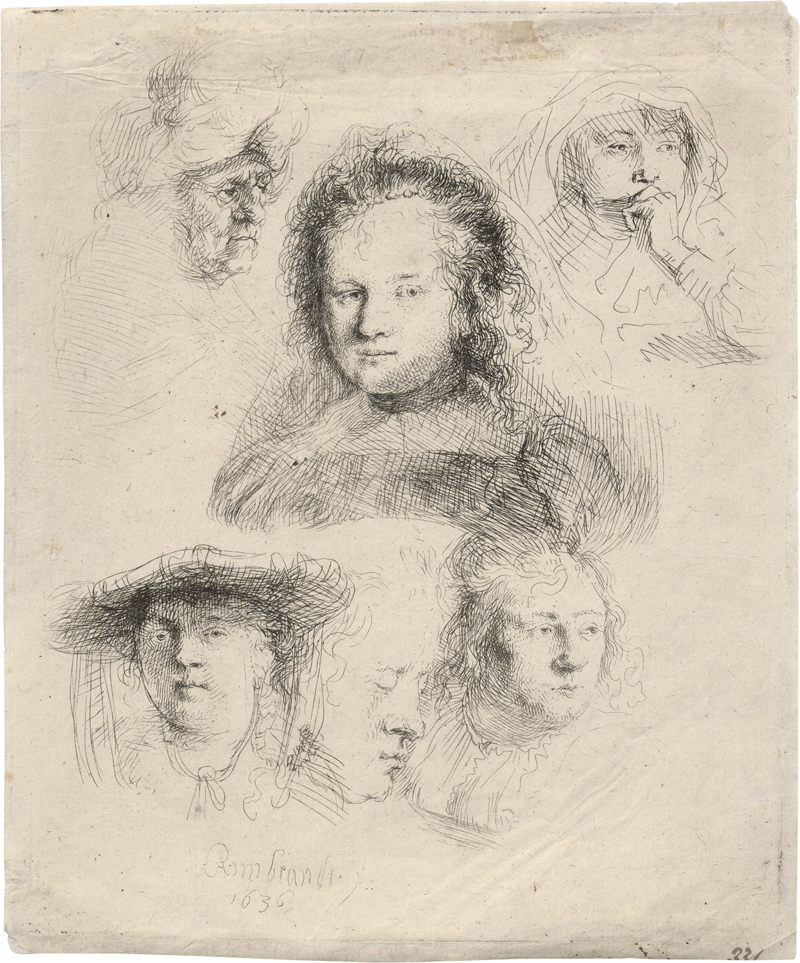 Lot 5208, Auction 127, Rembrandt Harmensz. van Rijn, Studienblatt mit sechs Frauenköpfen