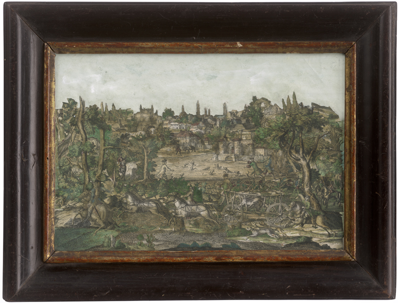 Lot 5324, Auction  127, Papierantiquitäten, 18. Jh. . Jagdgesellschaft vor einer Stadt