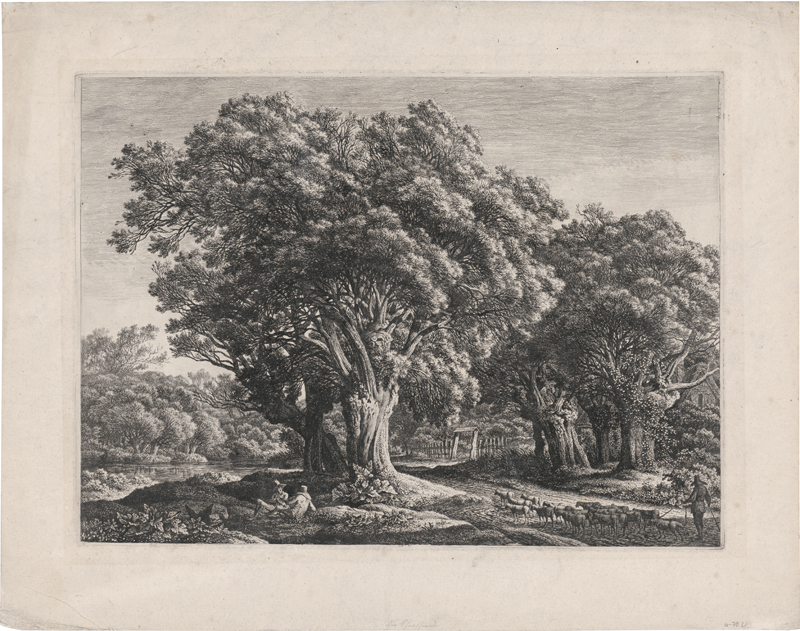 Lot 5561, Auction  127, Kolbe, Carl Wilhelm, Waldgegend mit großen Weiden, links vorn zwei sitzende Männer