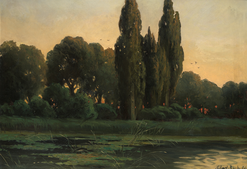 Lot 6177, Auction  127, Deutsch, 1906. Italienische Seelandschaft mit Zypressen bei Sonnenuntergang
