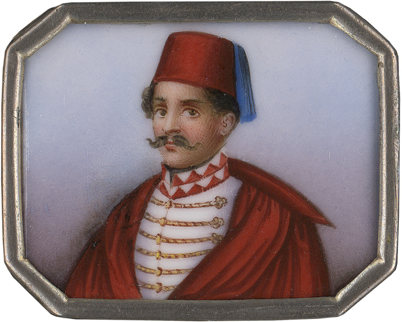 Lot 6307, Auction  127, Kontinentaleuropa, Mitte 19. Jh. Portrait eines türkischen Offiziers mit Fes und rotem Umhang über der weißen Uniformjacke