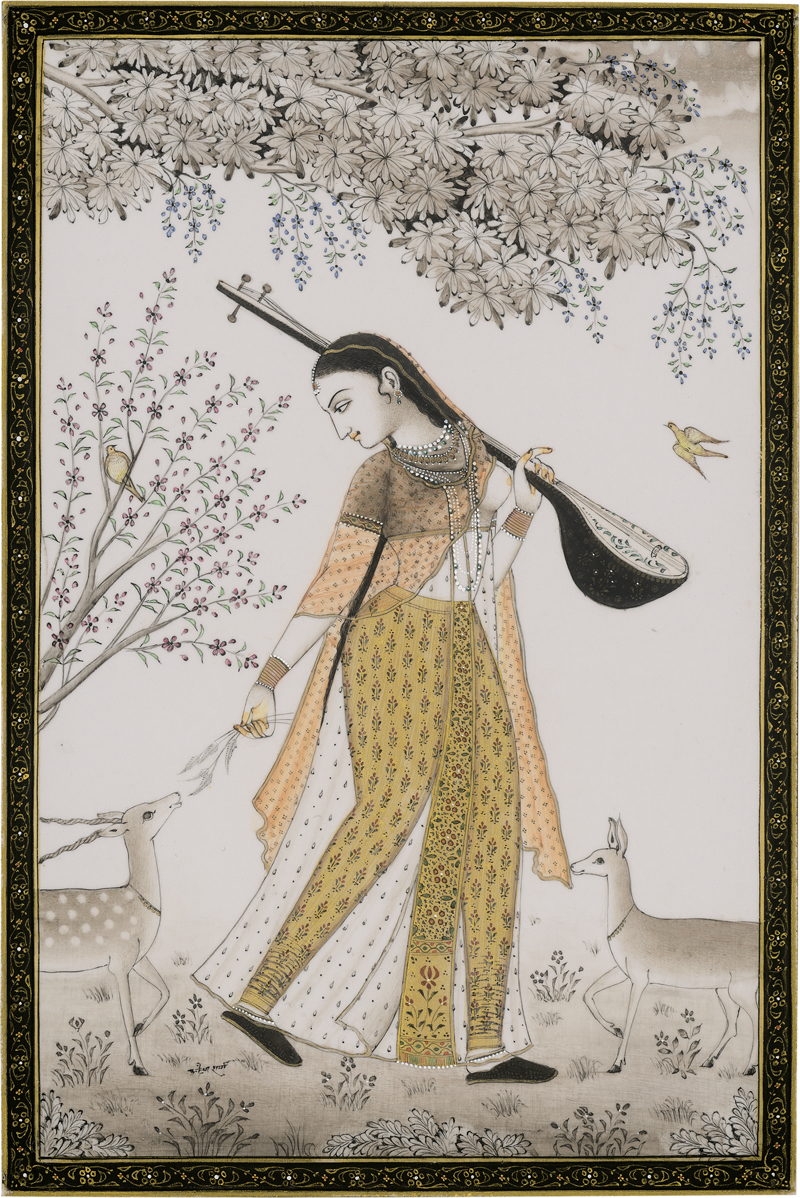 Lot 6381, Auction  127, Indisch, wohl 19. Jh. Todi Ragini in einer blühenden Landschaft mit Hirschen