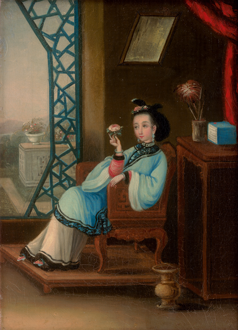 Lot 6406, Auction  127, Chinesisch, 19. Jh. Chinesische Frau, Guqin spielend; Chinesische Frau, eine Blume betrachtend