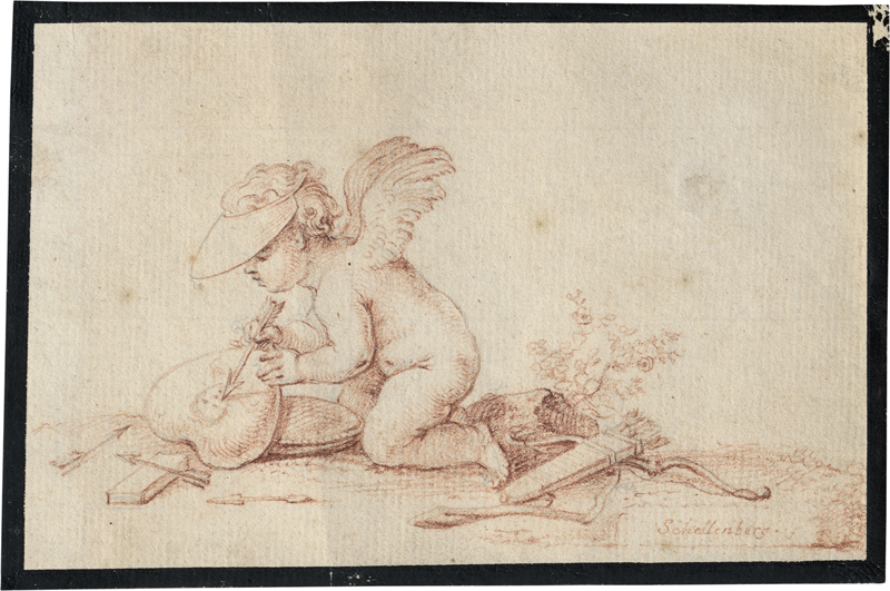 Lot 6557, Auction  127, Schellenberg, Johann Rudolf, Amor mit Schirmmütze graviert ein Bildnis auf ein Herz