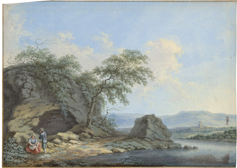 Lot 6562, Auction  127, Deutsch, um 1760. Hügelige Landschaft mit zwei Holzfällern: Flusslandschaft mit Paar am Ufer