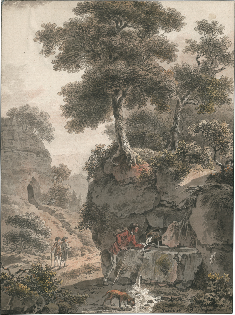 Lot 6585, Auction  127, Dunker, Balthasar Anton, Gebirgslandschaft mit Wanderern bei einem Brunnen