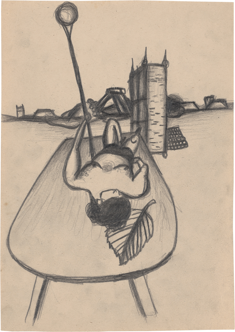 Lot 6942, Auction 127, Rainer, Arnulf, Liegender Halbakt, Tisch, Industrielandschaft (Hommage an Mantegna?)