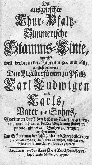 Lot 412, Auction  128, Reiger, Johann Friedrich, Die ausgeleschte Chur-Pfaltz-Simmersche Stamms-Linie + Beiband