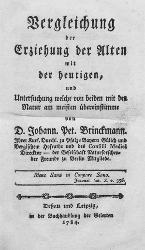 Lot 423, Auction  128, Brinckmann, Johann Peter, Vergleichung der Erziehung der Alten mit der heutigen, und Untersuchung welche von beiden mit der Natur am meisten übereinstimme