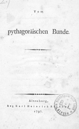 Lot 435, Auction  128, Vom pythagoräischen Bunde, Altenburg, Karl Heinrich Richter, 1797