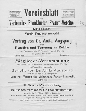 Lot 482, Auction  128, Vereinsblatt des Verbandes Frankfurter Frauen-Vereine und Augspurg, Anita, Extrablatt. Verein Frauenstimmrecht. Vortrag von Dr. Anita Augspurg