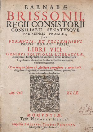 Lot 494, Auction  128, Brisson, Barnabé, De formulis et sollemnibus populi Romani 