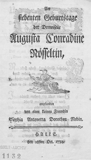 Lot 2105, Auction  128, Nösselt, Johann August, Am siebenten Geburtstage der Demoiselle Augusta Conradine Nösseltin