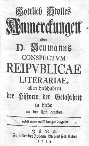 Los 2143 - Stolle, Gottlieb - Anmerckungen über Heumanns Conspectum reipublicae literariae, - 0 - thumb