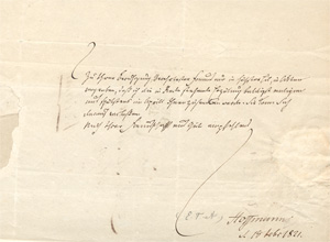 Los 2361 - Hoffmann, E. T. A. - Brief an Stephan Schütze in Weimar. 1821. - 0 - thumb