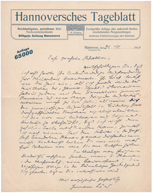 Los 2369 - Löns, Hermann - Brief an eine Redaktion. 1910 - 0 - thumb