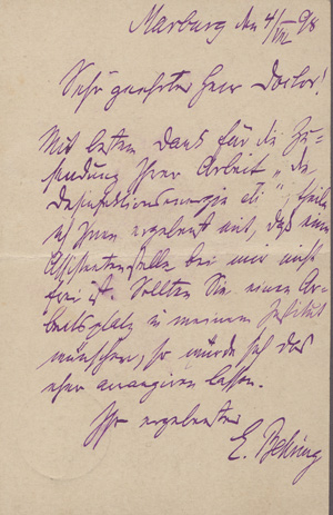 Los 2438 - Behring, Emil von - Postkarte an einen Arzt in Wittenberg. 1898 - 0 - thumb