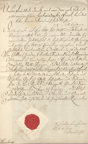 Los 2460 - Alexander Markgaf von Brandenburg-Ansbach-Bayreuth - Brief an den Fürstbischof von Bamberg. 1766 - 0 - thumb