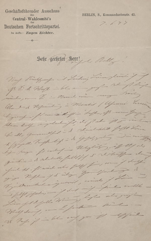 Los 2485 - Richter, Eugen - Brief an einen Parteigenossen. 1877 - 0 - thumb