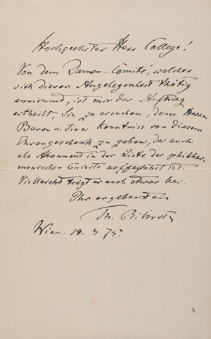 Los 2508 - Billroth, Theodor - Brief an einen Kollegen über ein Ehrengeschenk an einen Musiker. 1875 - 0 - thumb