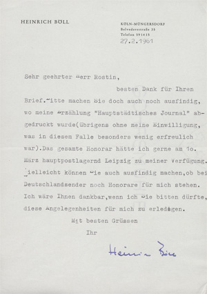 Lot 2610, Auction  128, Böll, Heinrich, Brief in die DDR wegen Honorarforderungen. 1961