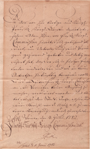 Lot 2615, Auction  128, Goethe, Johann Wolfgang von, Brief an den Weimarer Stadtrat. 1782