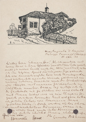 Lot 2621, Auction  128, Hesse, Hermann, Gruß mit Unterschrift auf einer illustrierten Postkarte von Gunter Böhmer. 1933