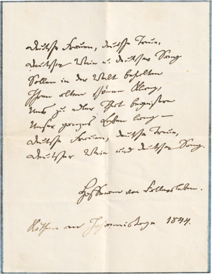 Lot 2622, Auction  128, Hoffmann von Fallersleben, August Heinrich, Signiertes Manuskript der zweiten Strophe des Deutschlandliedes. 1844