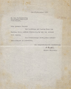 Lot 2659, Auction  128, Einstein, Albert, Brief an den Greifen-Verlag. 1954