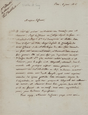 Lot 2681, Auction  128, Silvestre de Sacy, Antoine Isaac, Brief + Beigabe. Über den Sinologen Abel Remusat. 1816