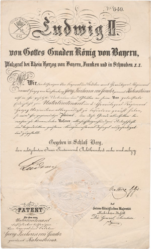 Lot 2685, Auction  128, Ludwig II., König von Bayern, Beförderungs-Urkunde für Georg Freiherrn von Geuder. 1866