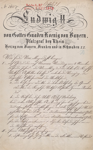Lot 2686, Auction  128, Ludwig II., König von Bayern, Verfügung über Personalwechsel bei den bayerischen Eisenbahnen. 1875