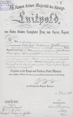 Lot 2687, Auction  128, Luitpold, Prinzregent von Bayern, Urkunde der Beförderung des Generalmajors Chr. v. Godin zum Generalleutnant. 1889