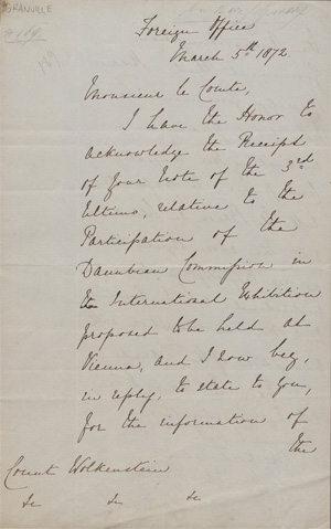 Lot 2697, Auction  128, Granville, George L., Brief an Graf Wolkenstein über die Wiener Weltausstellung. 1872