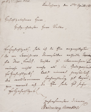 Lot 2698, Auction  128, Hardenberg, Carl August Fürst von, Früher Brief aus Braunschweig. 1785