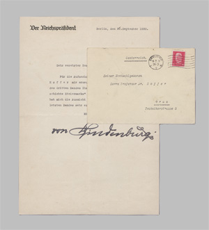 Lot 2699, Auction  128, Hindenburg, Paul von, Brief an Reinhart Bachofen über die "Jagdgeschichte Steiermarks". 1930