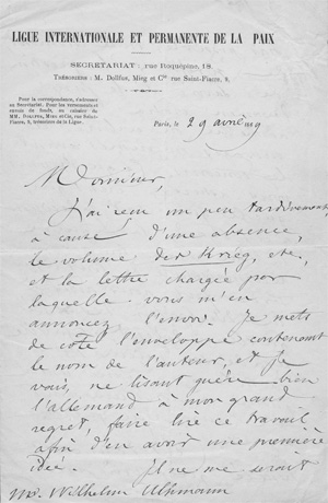 Lot 2708, Auction  128, Passy, Frédéric, Brief an Wilhelm Ulhmann über eine Antikriegs-Broschüre. 1869