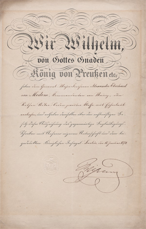Lot 2713, Auction  128, Wilhelm I., Deutscher Kaiser, Urkunde zur Ordensverleihung. 1874