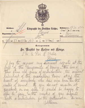 Lot 2715, Auction  128, Wilhelm II., Deutscher Kaiser, König von Preußen, Eigenhändiger Telegramm-Text an den König von Italien. 1902