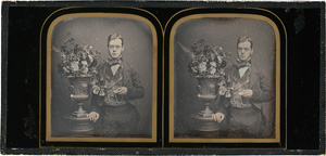 Lot 4028, Auction  128, Daguerreotypes, Stereoscopic portrait of a young man beside an urn of flowers