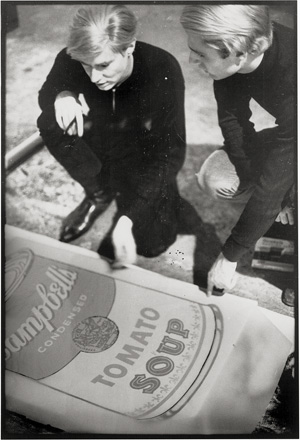 Lot 4150, Auction  128, Finkelstein, Nat, Andy Warhol working on Campell's Soup silkscreen with assistant at the Factory
