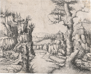 Lot 5131, Auction  128, Hirschvogel, Augustin, Flusslandschaft zwischen Felsen links und rechts