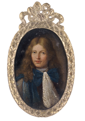 Lot 6009, Auction  128, Französisch, 17./18. Jh. Bildnis eines jungen Mannes mit langen braunen Haaren in blauem Gewand mit weißer Halsbinde und Jabot