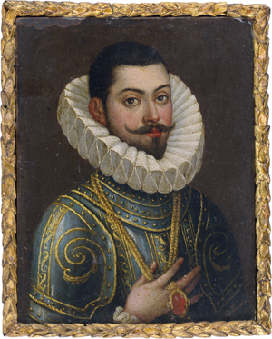 Lot 6011, Auction  128, Flämisch oder Spanisch, um 1600. Bildnis eines Mannes in Prunkrüstung und weißer Halskrause, mit Goldkette mit großem Schmuckstein