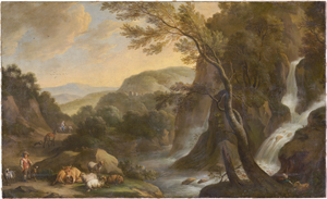 Lot 6019, Auction  128, Niederländisch, um 1700. Südliche Flusslandschaft mit Landvolk und rastendem Vieh