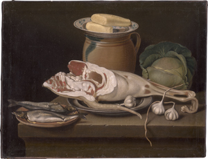 Lot 6041, Auction  128, Beck, Jacob Samuel, Küchenstillleben mit Schinken, Herringen, Knoblauch, Kohlkopf und einem Keramikkrug mit einem Teller Butter