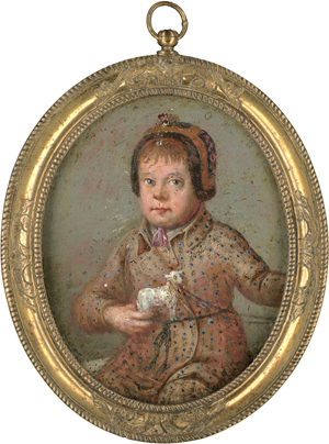 Lot 6043, Auction  128, Böhmisch, um 1800. Portrait eines Kindes im geblümten Mäntelchen, mit Schmucksteinen besetzter Haube und Spielzeugschaf