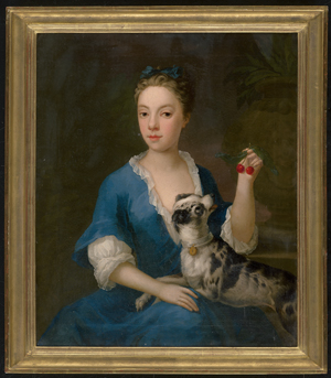 Los 6046 - Ross, Thomas - Bildnis einer jungen Dame in Halbfigur im blauen Hauskleid mit Schoßhund und Kirschen in der linken Hand - 1 - thumb